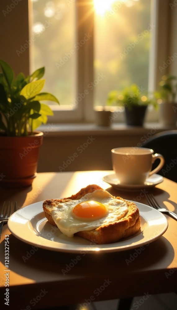 Sun rays casting warm glow on breakfast plate, sunlight, morning light, wooden table Sun rays casting warm glow on breakfast plate, sunlight, morning light, wooden table