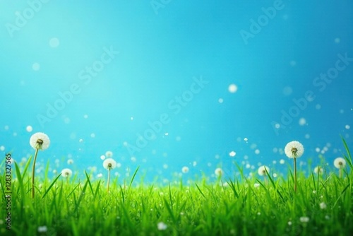 Blue background with scattered white dandelions and lush green grass, dandelion, field, open space