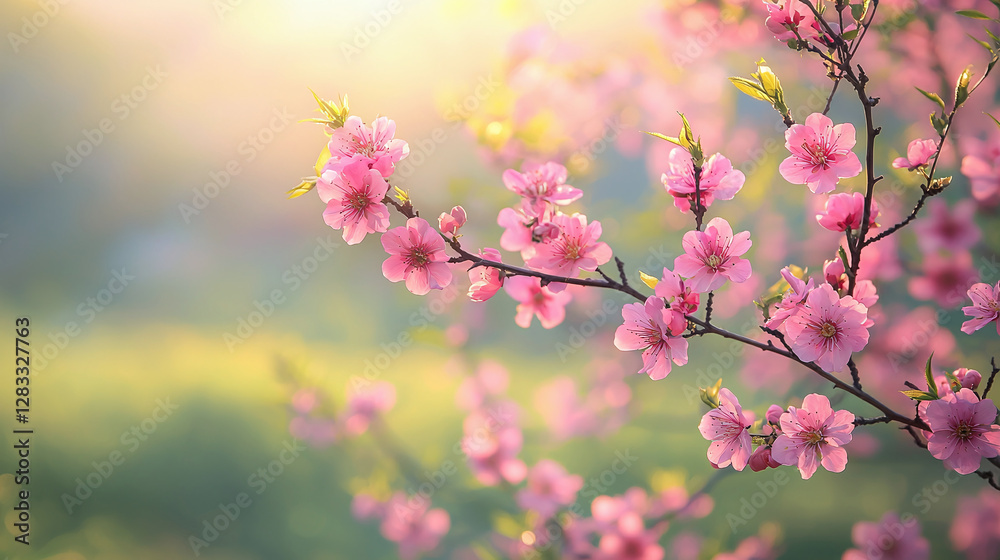 A branch with cherry blossoms in the foreground. The flowers are pale pink with dark pink hearts. In the background is a blurred landscape with green hills and trees. A branch with cherry blossoms in the foreground. The flowers are pale pink with dark pink hearts. In the background is a blurred landscape with green hills and trees.