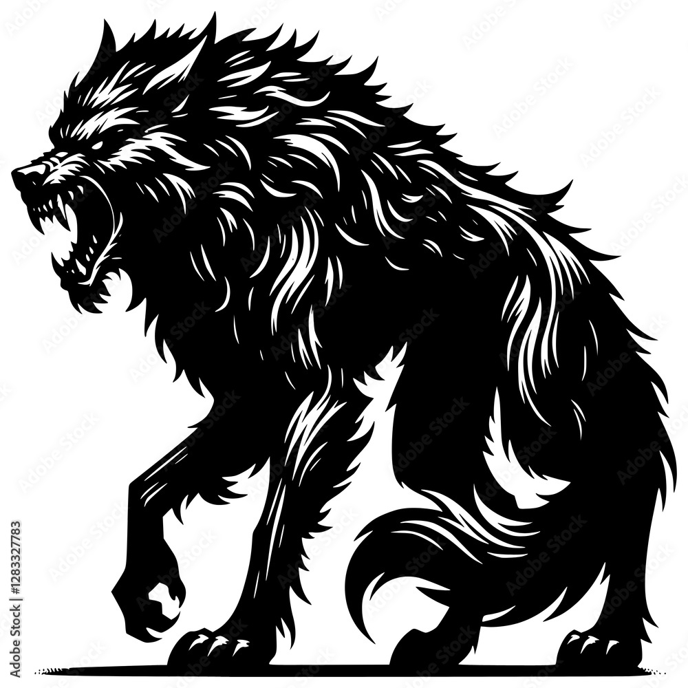 Obraz premium Roaring Wolf Silhouette: A powerful and intimidating black and white silhouette of a snarling wolf, showcasing its fierce expression and sharp teeth.