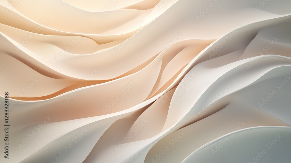 an abstract composition of smooth, flowing and layered shapes that resemble waves or draped fabric in soft colors from light beige to cream and white