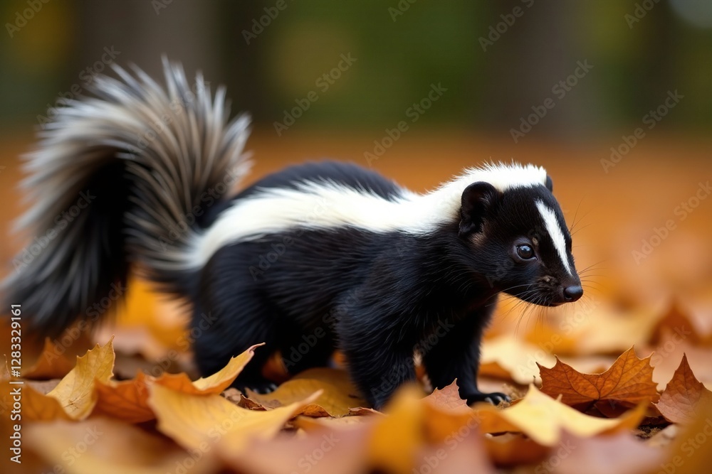 Striped skunk curls tail behind autumn leaves, skunk, nature Striped skunk curls tail behind autumn leaves, skunk, nature