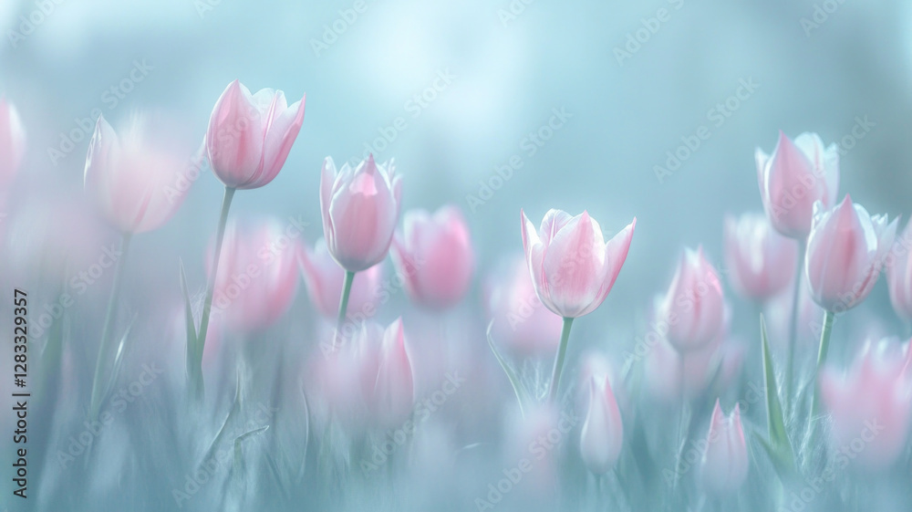 Fototapeta premium A field of pink flowers with a blue sky in the background