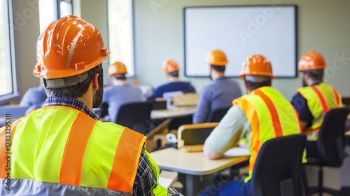 Workers in safety gear attending training session