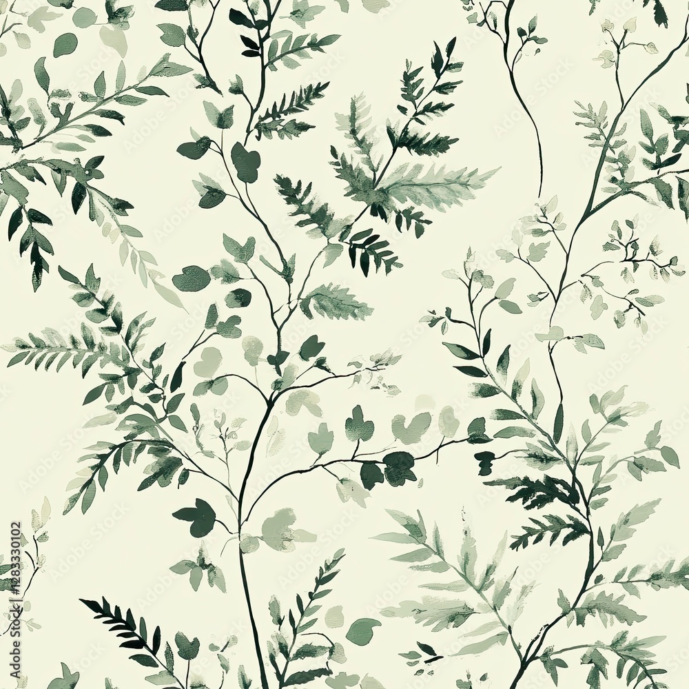 Fototapeta premium Seamless botanical pattern featuring various green leaves and foliage on a light background for interior design and textiles