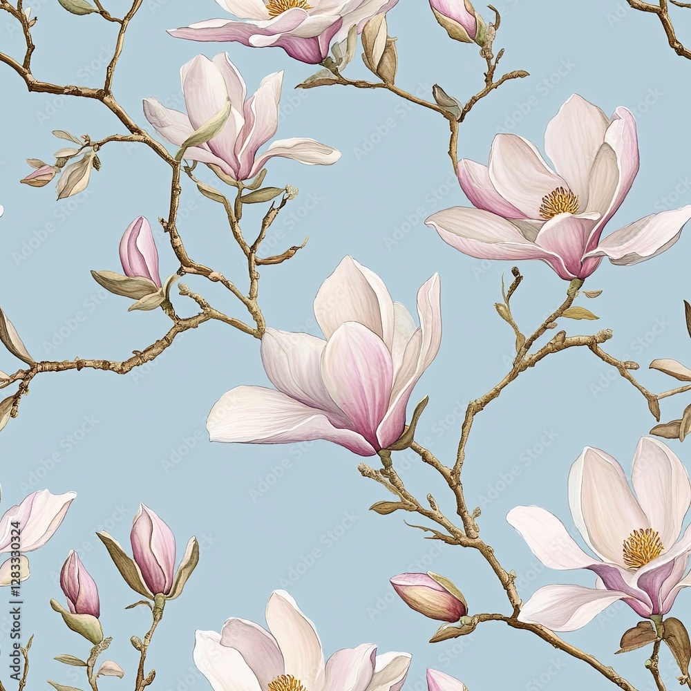 Obraz premium Seamless floral pattern featuring magnolia blossoms on a soft blue background, ideal for textile design and home decor