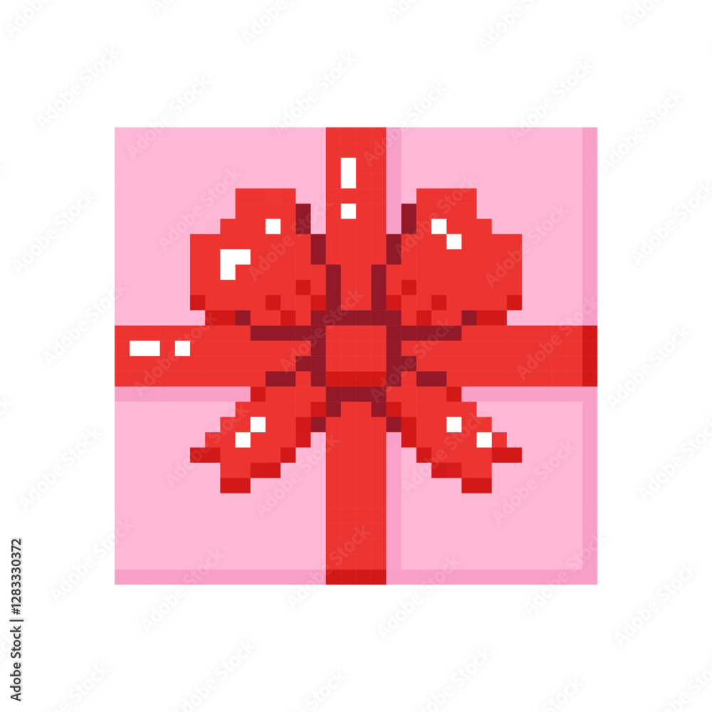 Obraz premium Pink gift box with red bow in pixel style. Hand drawn vector illustration.