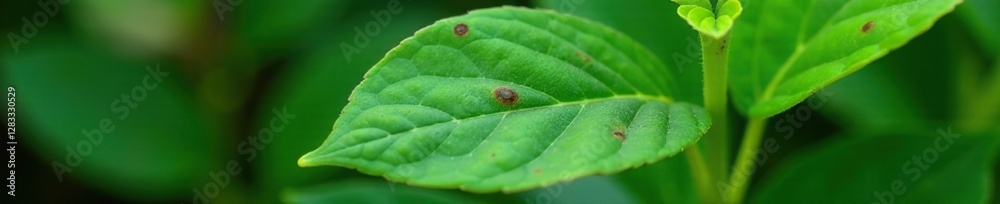 Large green leaf with brown spots on a plant stem, foliage illness, botanical decay