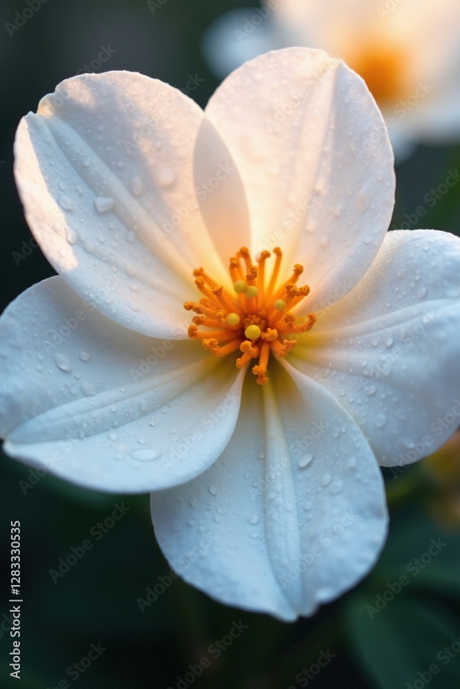 Fototapeta premium intricate droplets cling to white flower curves, curve, shine