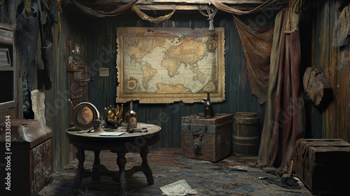 Abandoned pirate captain ship cabin. Broken room interior, game background with damaged corsair stuff. Table with bottle, map, cracked treasure chest, ragged curtains, Cartoon vector illustration photo