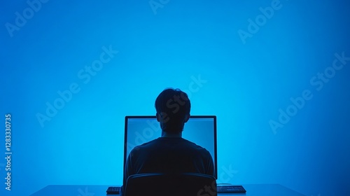 Person Silhouetted in Front of Computer Screen with Blue Light in Dark Room Environment