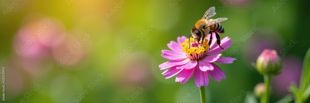 Bee collecting nectar from Scabious Succisa pratensis flowers in garden, nature, Bee collecting nectar from Scabious Succisa pratensis flowers in garden, nature,