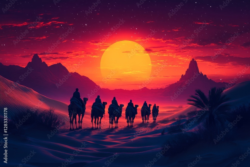 Naklejka premium Travelers guiding camels across desert dunes at sunset in a mystical landscape