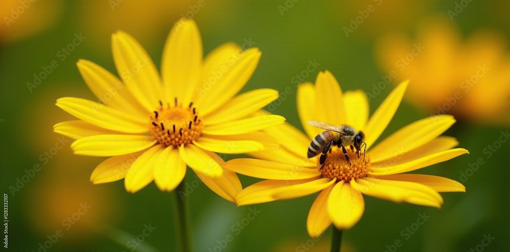 Bee collects yellow pollen from large bright yellow daisy, insects, yellow Bee collects yellow pollen from large bright yellow daisy, insects, yellow