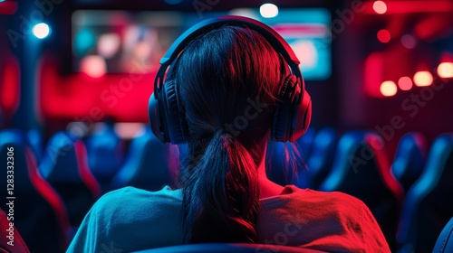 Person with Headphones in a Darkened Room Watching Movies or Games with Neon Lights