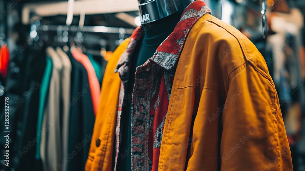 Fototapeta premium Bright Yellow Vintage Jacket Displayed on Mannequin in Trendy Fashion Boutique