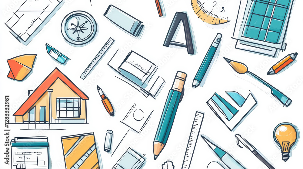 Set architect doodle icons, building project, compass, architecture flat blueprint layout, house plan, color palette, protractor, pencil, measuring instruments, pc desktop Line art vector illustration Set architect doodle icons, building project, compass, architecture flat blueprint layout, house plan, color palette, protractor, pencil, measuring instruments, pc desktop Line art vector illustration