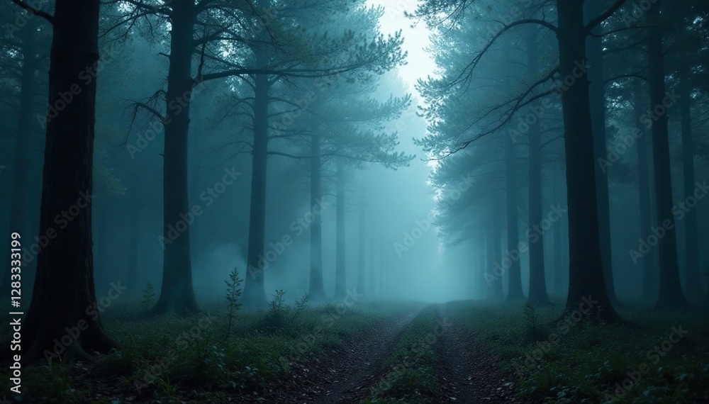 Obraz premium dark forest with white smoke billowing out of trees, forest, eerie, woods