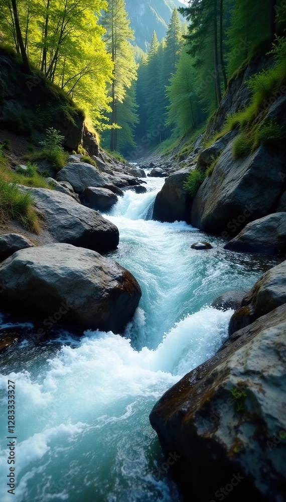 Fast moving stream carved through rocky terrain, nature, stream, fast flow