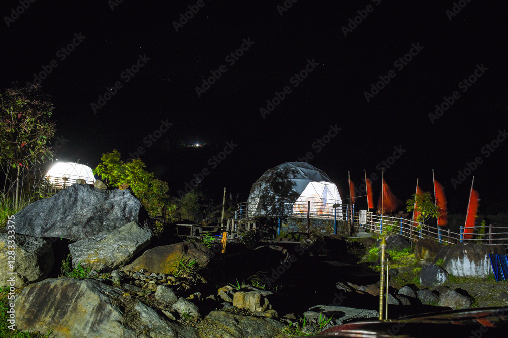 Fototapeta premium Igloo tent house, night view in the Himalaya forest