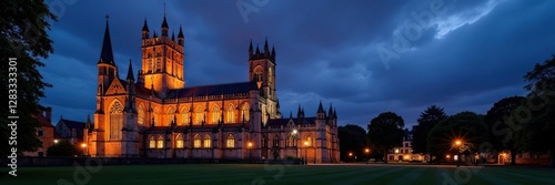 Illuminated spires of St Edmundsbury Cathedral at dusk, Bury St Edmunds, illumination photo