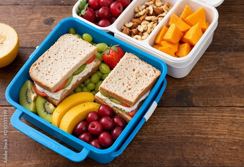 Healthy food snacks on lunch box 
