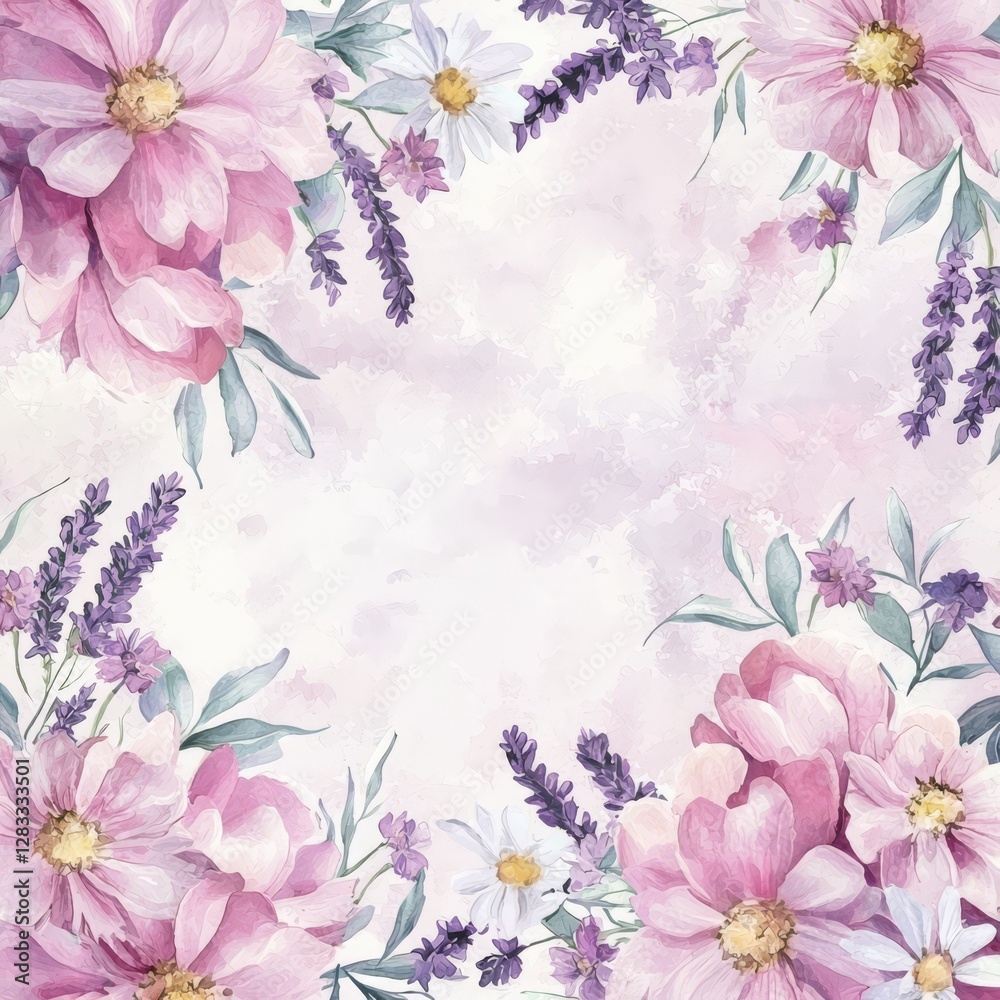 Fototapeta premium Floral Elegance: A delicate watercolor artwork showcasing an exquisite arrangement of vibrant purple and pink blossoms. Perfect for a touch of floral beauty.