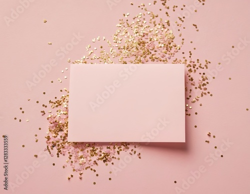 Elegant pink background with a blank gift box and scattered golden confetti.
