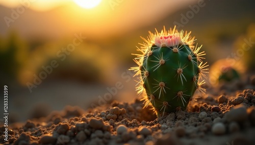 Soft morning light illuminates an Opuntia cactus offshoot emerging from the soil, sunlight, desert, emerging photo