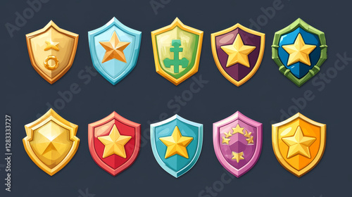 Game rank badge level icon set. Rating medal shield with star cartoon vector illustration. Ui achievement gold trophy bonus award. Reward label military design. Fantasy insignia tag interface element.