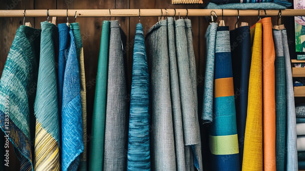 Colorful Display of Textiles and Fabrics Hanging on a Wooden Rack in a Workshop Setting Colorful Display of Textiles and Fabrics Hanging on a Wooden Rack in a Workshop Setting