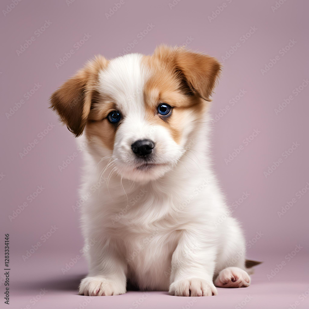 The puppy has big, bright blue eyes and a small black nose. It is sitting and looking directly at the camera with a curious expression. The puppy has big, bright blue eyes and a small black nose. It is sitting and looking directly at the camera with a curious expression.