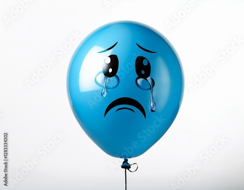 Sad crying blue balloon, positive emotions. Floating balloon on white background. photo