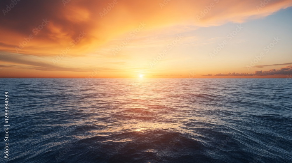 Naklejka premium Serene Ocean Sunset Over Calm Waters Illuminated by Golden Rays