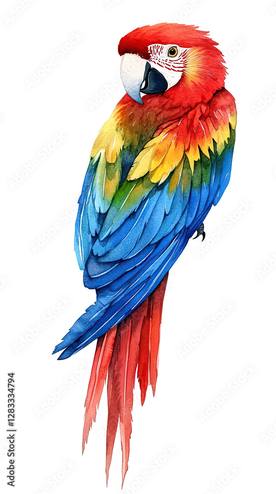 Obraz premium Painting of a red, yellow and blue parrot perched and looking back. Transparent background