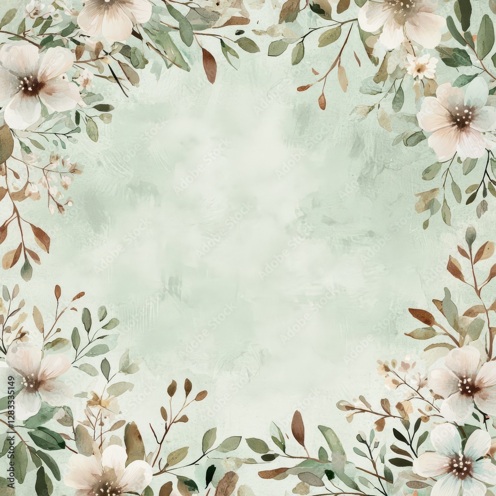 Floral Frame: A delicate floral arrangement with soft, neutral blossoms and verdant leaves creates a charming border on a textured, muted background. Floral Frame: A delicate floral arrangement with soft, neutral blossoms and verdant leaves creates a charming border on a textured, muted background.
