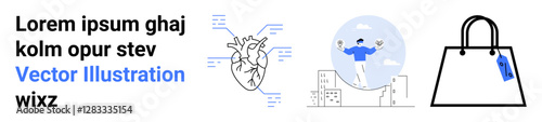 Anatomical heart with labeled parts, person juggling on a curved platform, and shopping bag with a tag. Ideal for education, healthcare, e-commerce, skill development, anatomy learning, creative