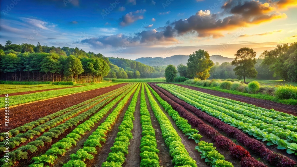 Vibrant vegetable rows with diverse crops in a lush farm landscape Vibrant vegetable rows with diverse crops in a lush farm landscape