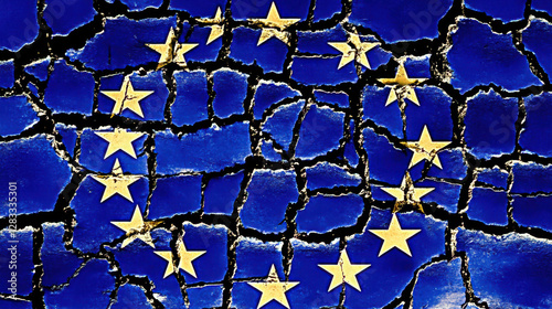 A striking representation of the EU flag, fractured yet vibrant, symbolizing resilience and unity amidst adversity.