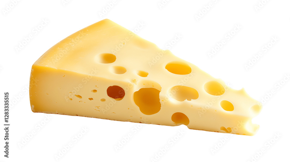 Close-up of a wedge of pale yellow cheese with irregular holes, isolated on a transparent background Close-up of a wedge of pale yellow cheese with irregular holes, isolated on a transparent background