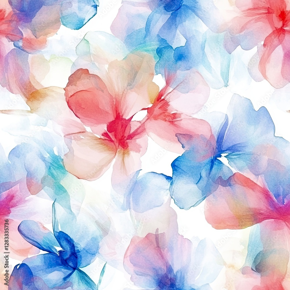 Obraz premium Colorful seamless floral pattern with soft watercolor effects, featuring blue and red blooms on a light background, ideal for textile design