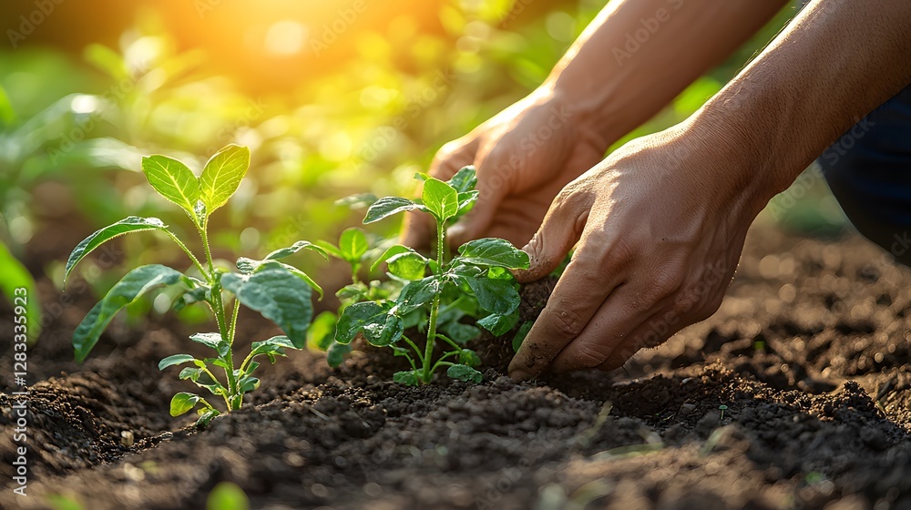 Fototapeta premium Planting New Life Gardening Action in Nature Close-Up View of Growing Plants