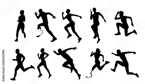Silhouettes of Male and female athletes running. Healthy active lifestyle. Maraphon, Sprint, jogging, warming up. Sport, fitness design, black vector illustrations isolated