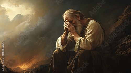 Old Testament Job in a state of deep sorrow because of the troubles that befell him
