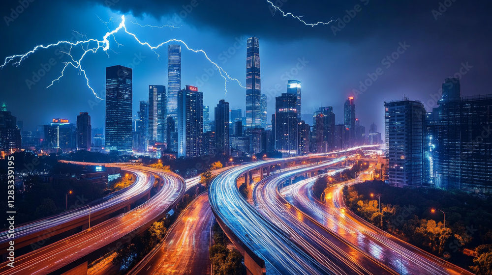 Fototapeta premium Night neon light from future city building on road background. Perspective skyscraper street and futuristic urban highway track view. Dark modern metropolis and thunderbolt discharge trail in sky.