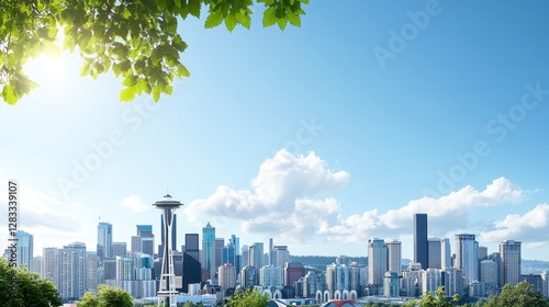Scenic City Skyline with Blue Sky and Green Leaves in Seattle
