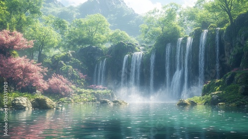 Mystical Shiraito Falls with Water Flowing in Serene Landscape photo