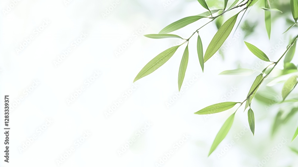 Obraz premium Green Leaves on Branch Against Bright White Background