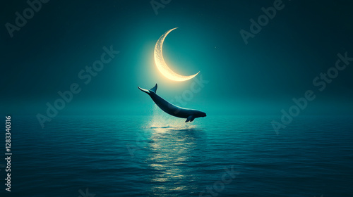A  whale leaps from the ocean under a crescent moon background.