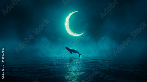 A  whale leaps from the ocean under a crescent moon background. The whale, moon, and ocean create a magical scene.